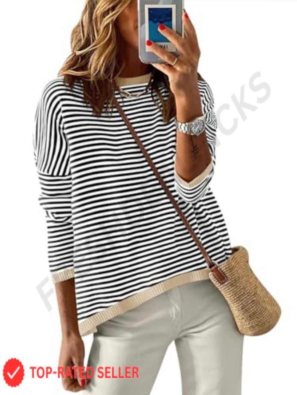 Striped Womens Long Sleeve Crewneck Pullover Sweater Loose Fit Knit Top